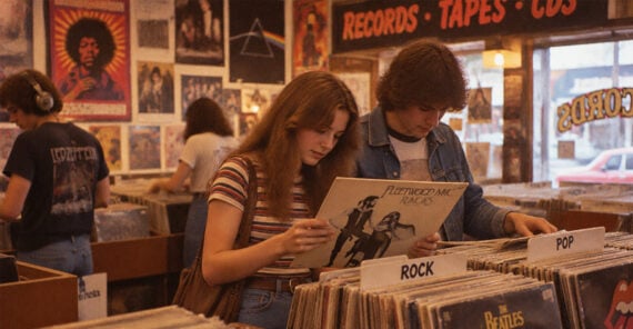 A young woman and man browse through vinyl records in a music store.