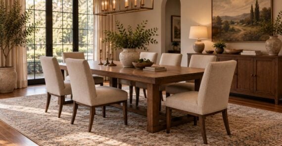 A wooden dining table surrounded by six upholstered chairs in a room with a large patterned area rug and a rectangular chandelier.