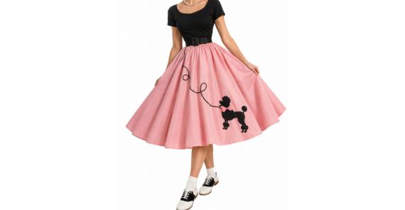 A person wearing a black t-shirt, a wide black belt, and a full, knee-length pink poodle skirt with matching saddle shoes.