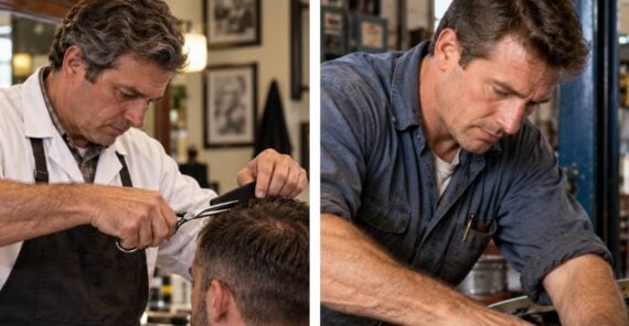 A split image showing a barber cutting a client’s hair on the left and a mechanic working on a car engine on the right.