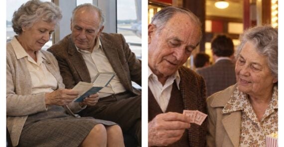 A side-by-side view of an older couple looking at travel documents at an airport and holding movie tickets at a theater.