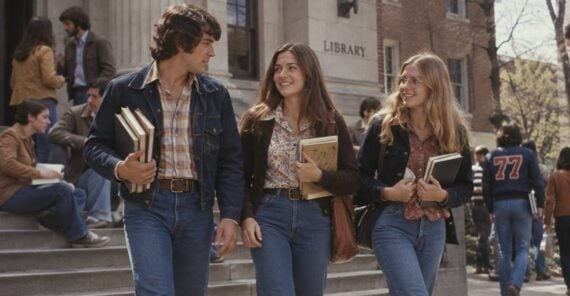 Three college students carrying books walk together on the steps of a library building.