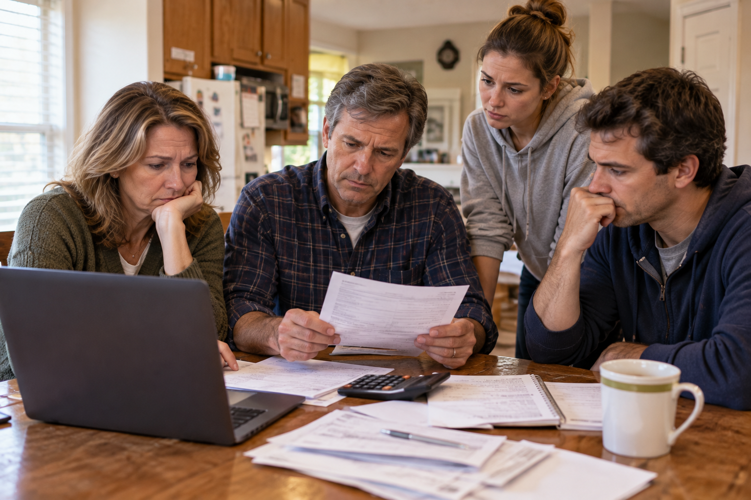 A group of four adults sitting around a dining table, looking concerned while reviewing paperwork and using a laptop and calculator.