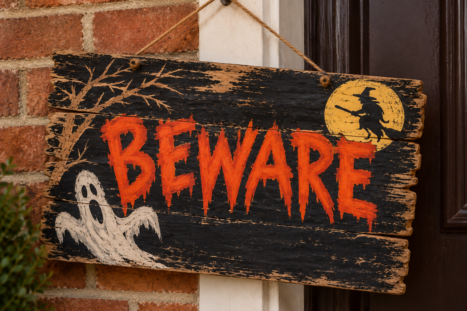 A weathered Halloween sign hanging on a door, featuring a white ghost, a witch silhouetted against a yellow moon, and the word “BEWARE” in distressed orange lettering.
