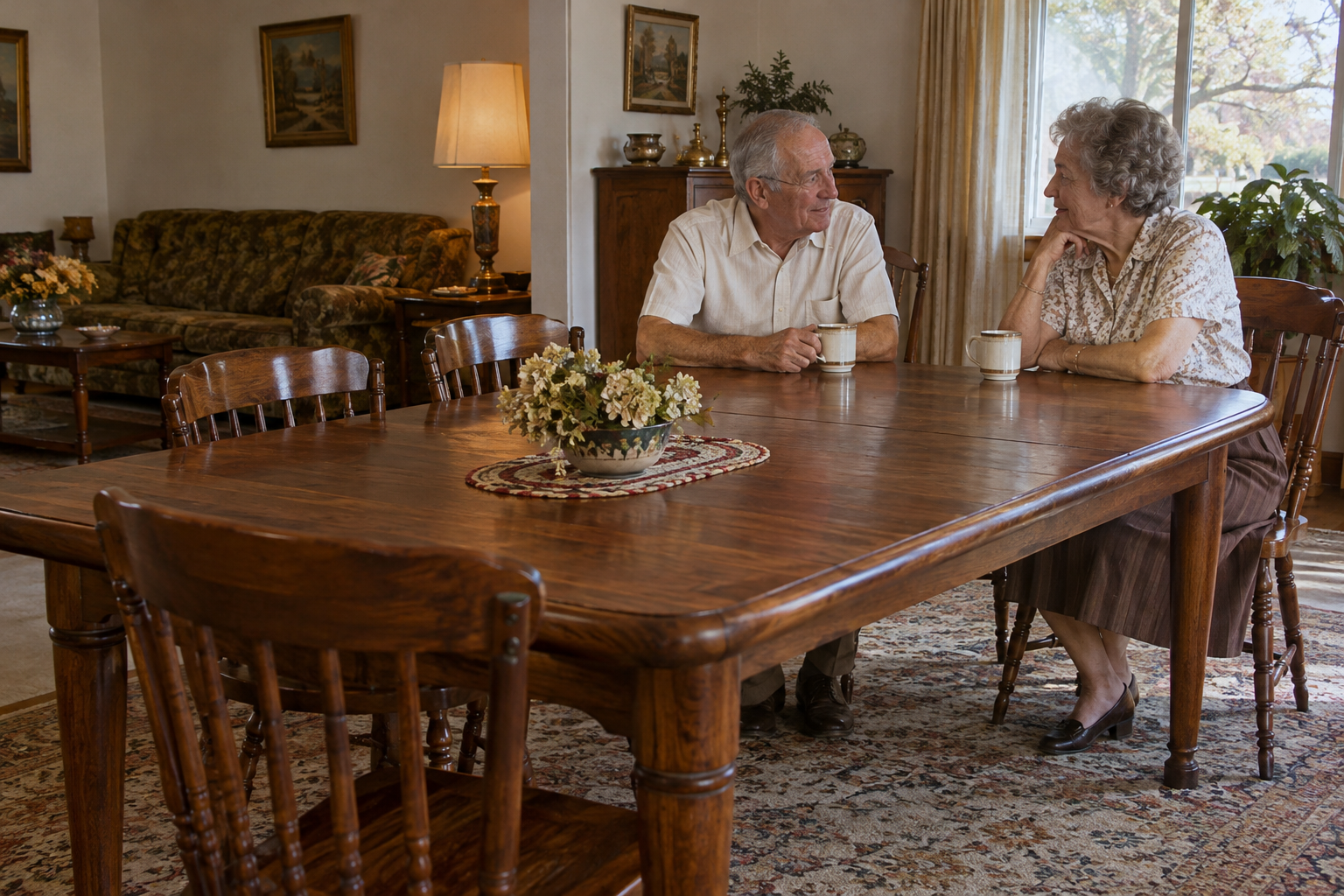 An elderly couple sits across from each other at a wooden dining table, holding mugs and talking.