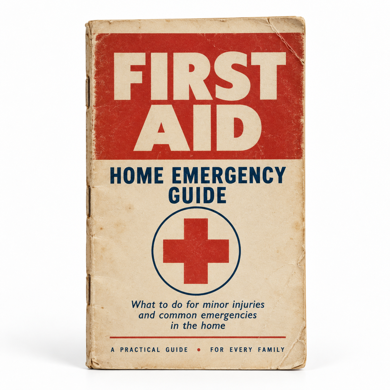 A vintage First Aid Home Emergency Guide book cover with a red cross symbol.