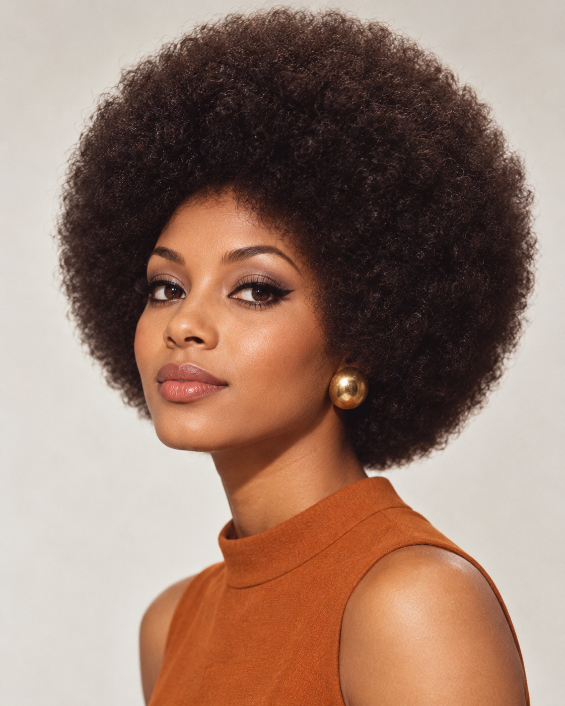 A woman with a large afro hairstyle wears a sleeveless rust-colored top and gold button earrings.