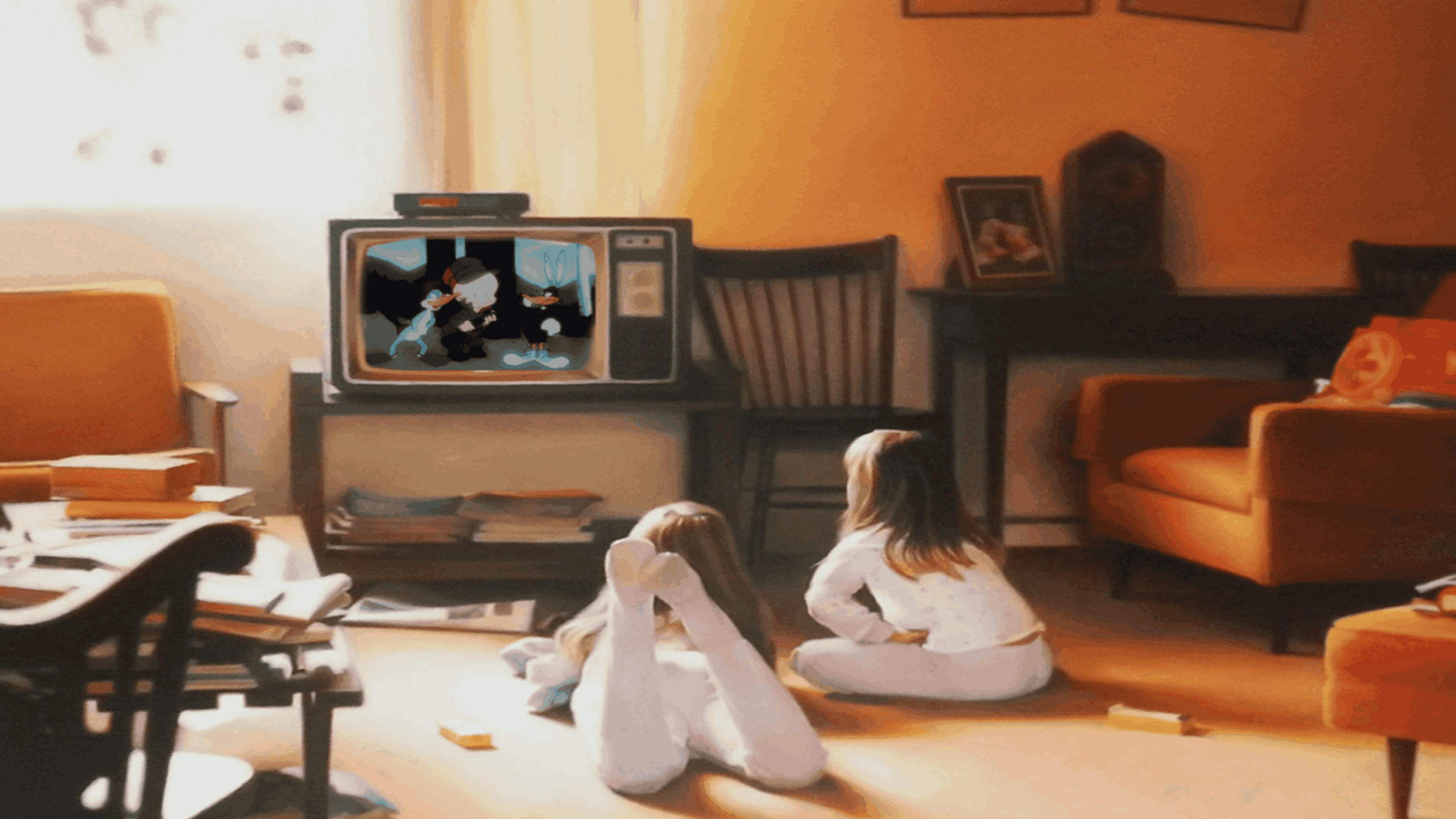 Two children sit on the floor watching a vintage television showing a cartoon.