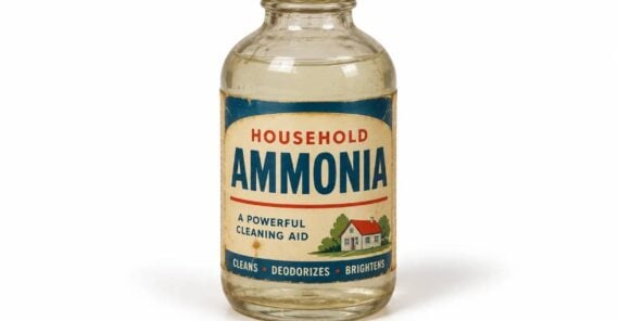 Vintage glass bottle of household ammonia with a label featuring a small house illustration and the text “Cleans, Deodorizes, Brightens.”