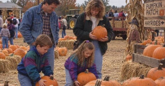 A family choosing pumpkins in a field next to a sign for a pumpkin patch and hayrides.