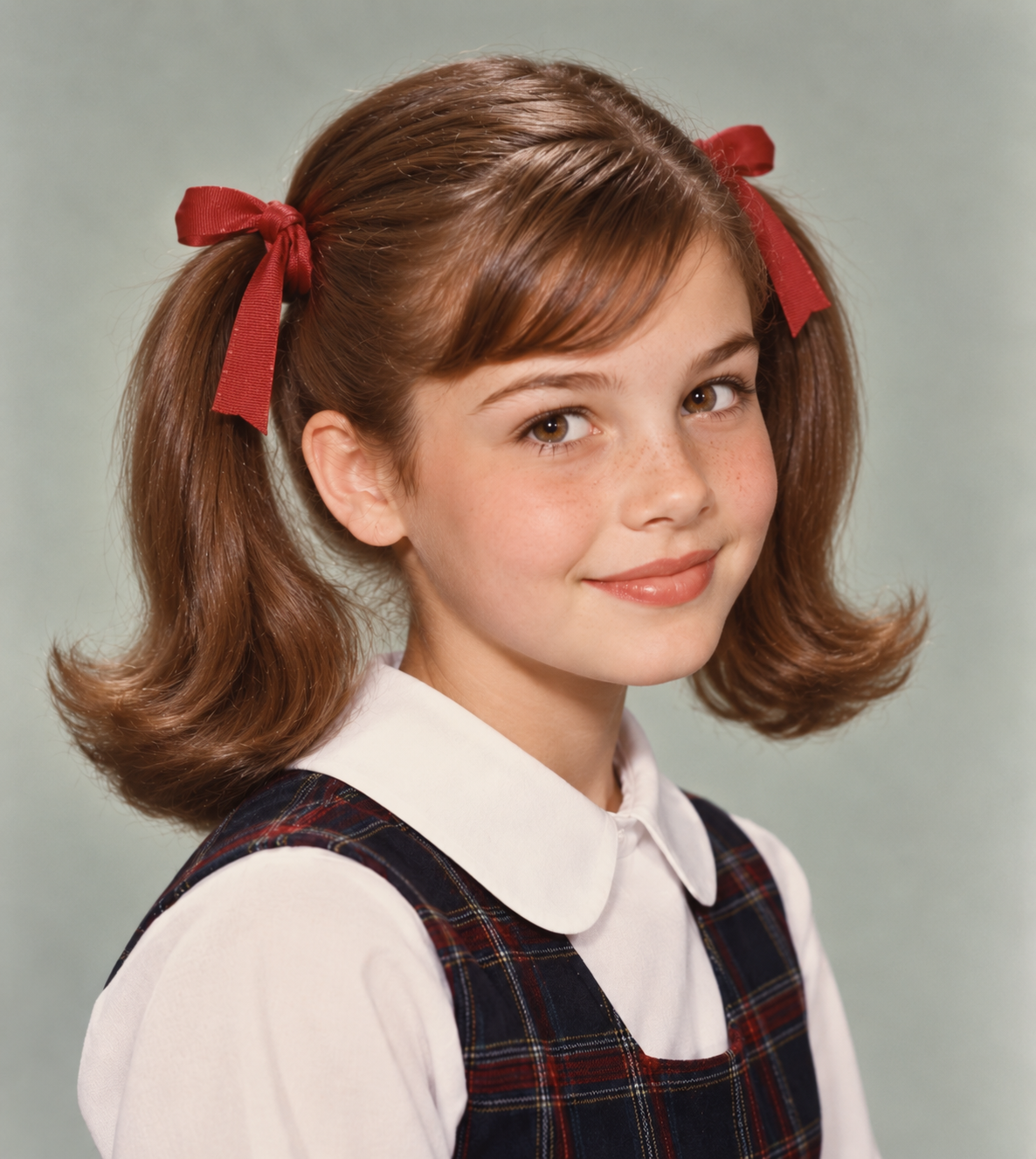 Portrait of a young girl with pigtails tied with red ribbons, wearing a white shirt and a plaid jumper.