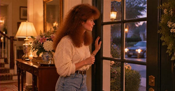 A woman with voluminous reddish-brown hair stands by a glass door at night, looking out at a car arriving in the driveway.