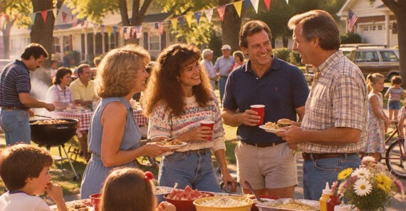 A group of adults talking and holding plates of food at an outdoor neighborhood barbecue.