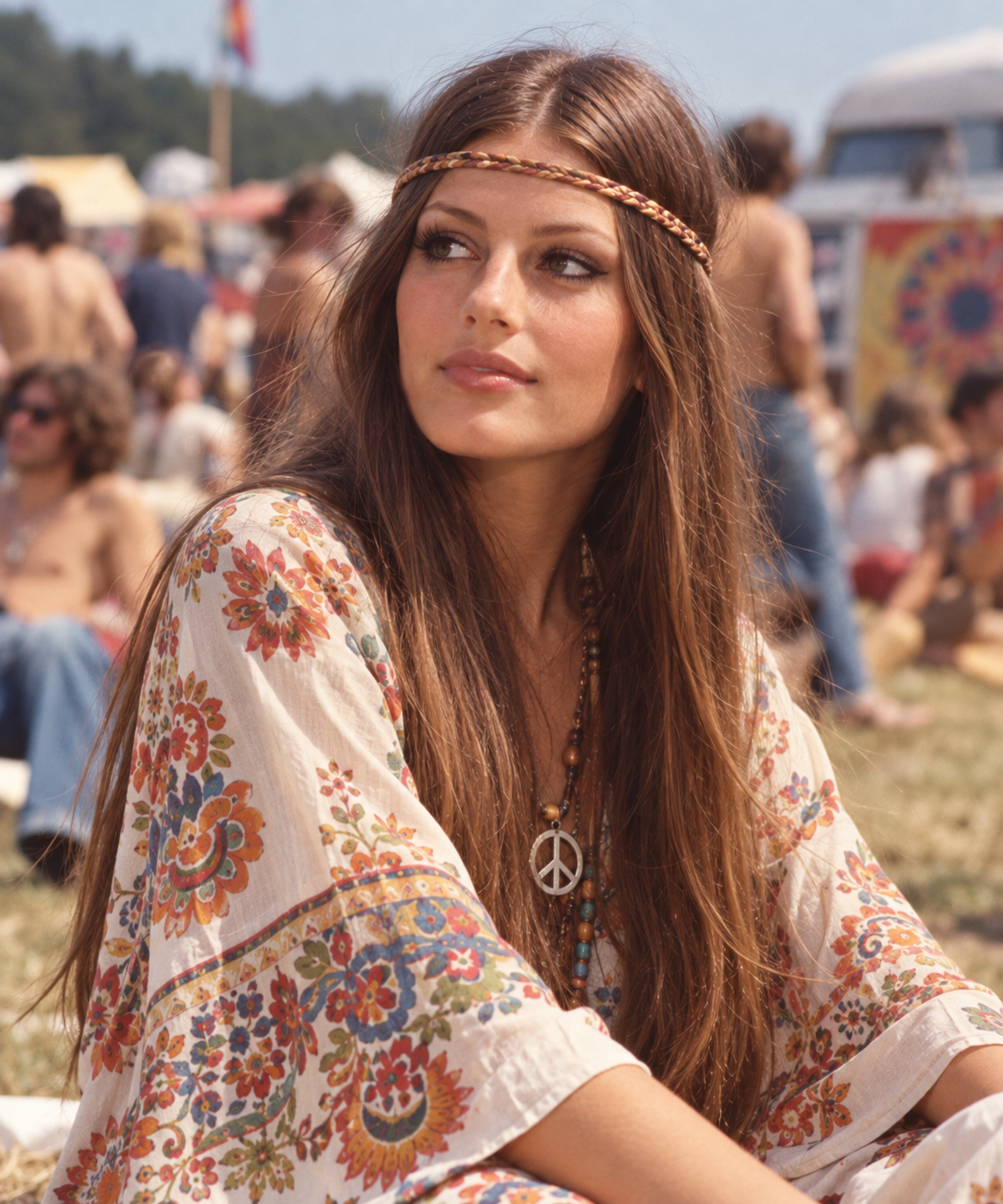 A woman with long hair and a braided headband wears a floral tunic and a peace sign necklace at an outdoor festival.