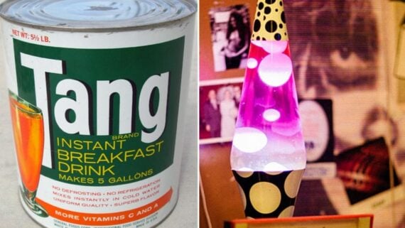 A side-by-side image showing a large metal canister of Tang instant breakfast drink next to a pink lava lamp with black and yellow polka-dot trim.