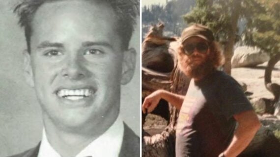 A side-by-side comparison of a clean-shaven young man in a formal suit and a bearded man wearing a baseball cap and sunglasses outdoors.