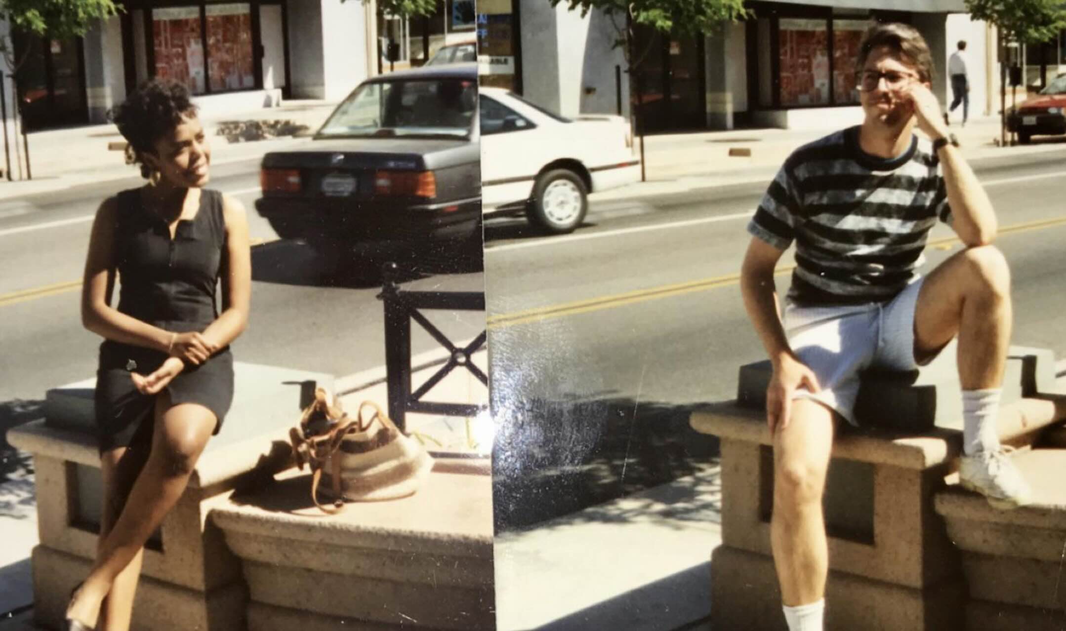 A split photo showing a woman in a black dress sitting on a stone ledge on the left and a man in a striped shirt and shorts sitting on the same ledge on the right.