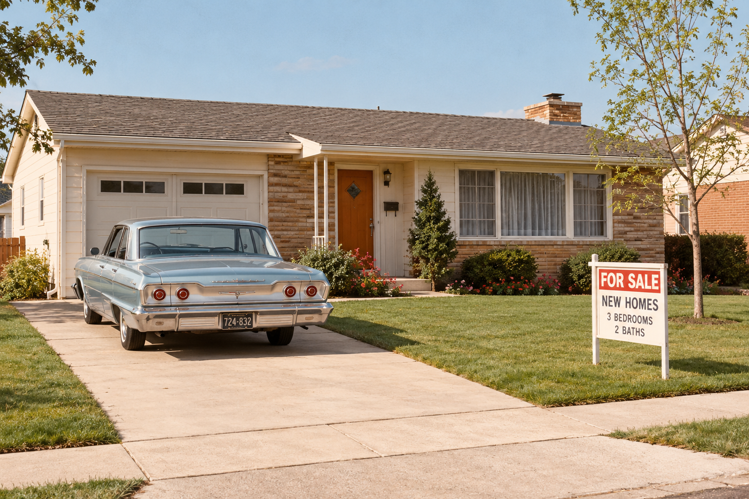 A vintage blue car parked in the driveway of a single-story house with a “For Sale” sign in the front yard.