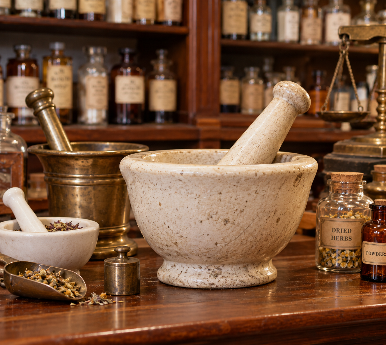 A stone mortar and pestle sit on a wooden counter surrounded by brass apothecary scales, small jars of dried herbs, and shelves of medicine bottles.