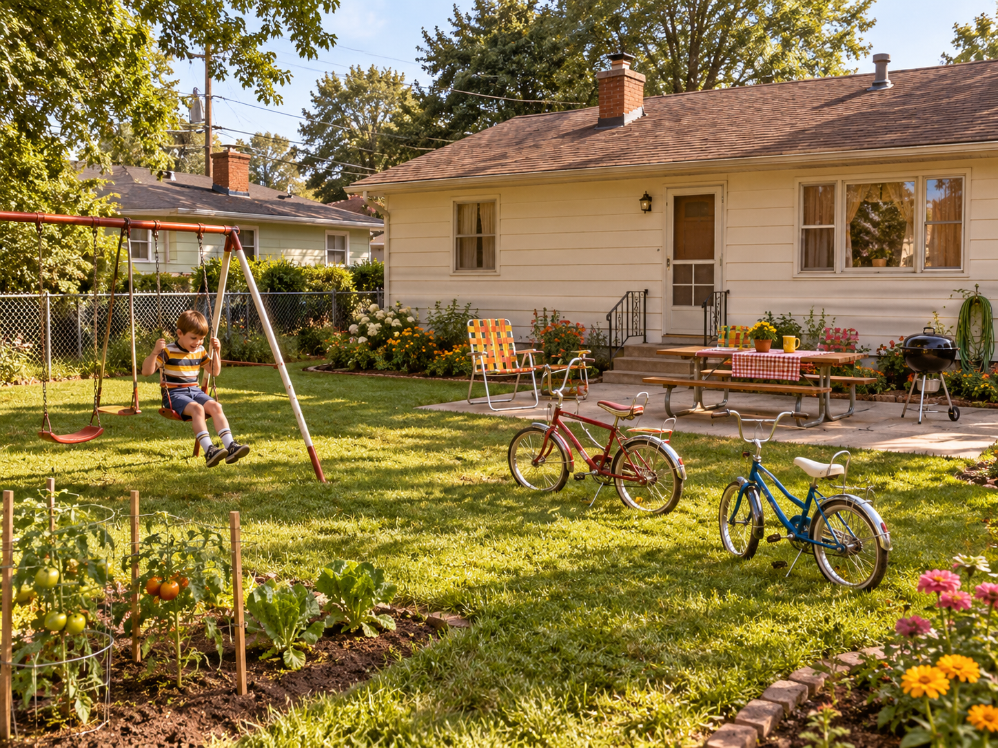 A young boy on a backyard swing, with two bicycles parked on the grass near a picnic table and garden beds.