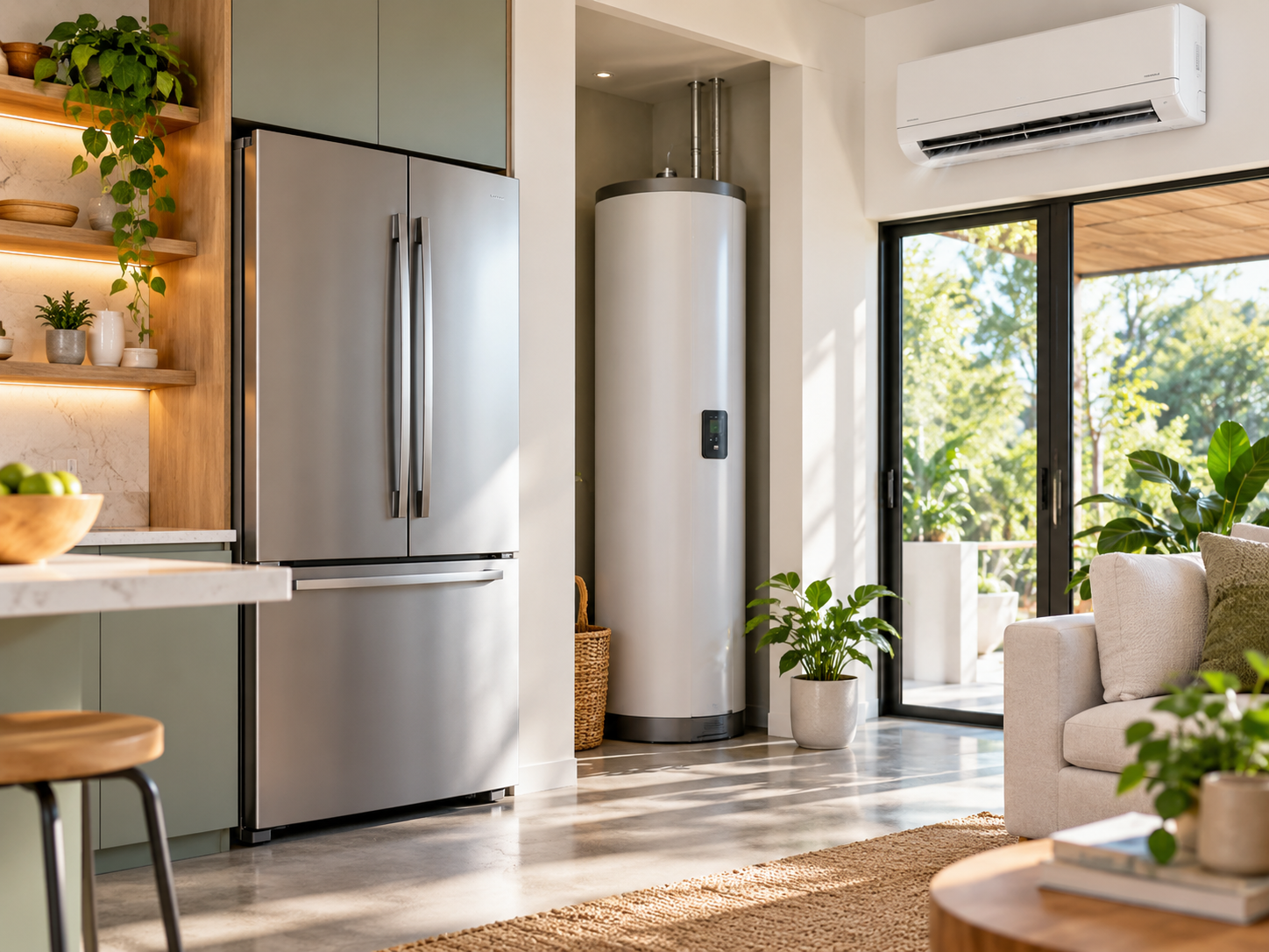 Stainless steel French door refrigerator standing in a kitchen next to a tall, cylindrical white water heater.