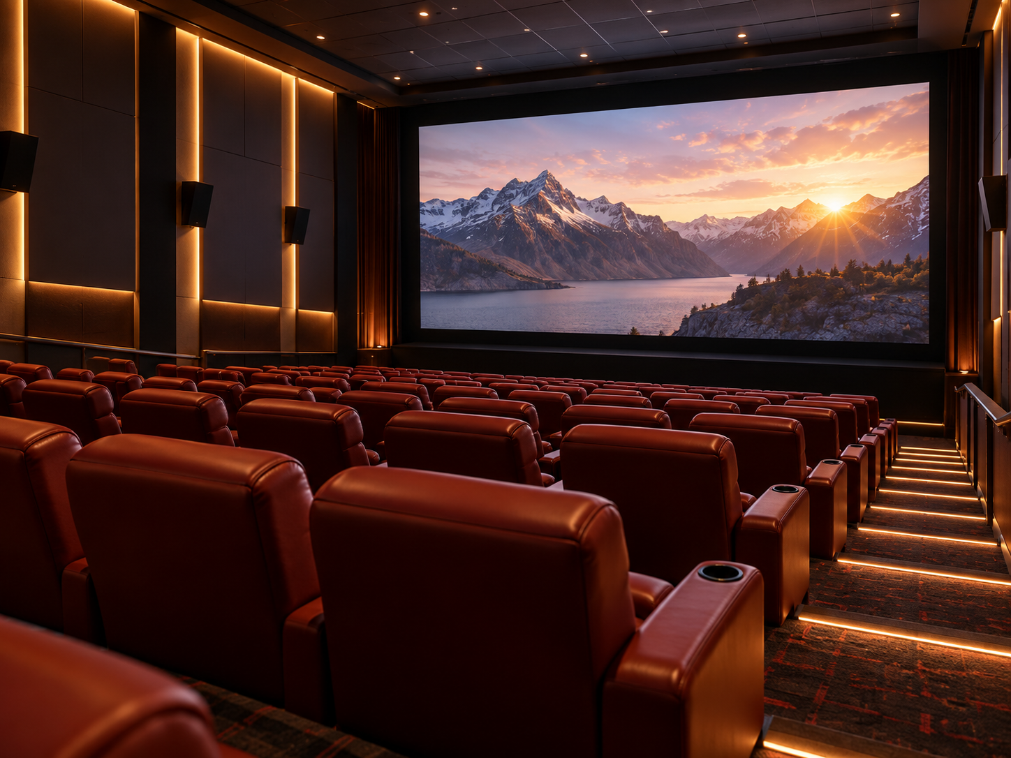 Rows of empty red leather cinema seats facing a large screen displaying a sunset over mountain peaks and a lake.