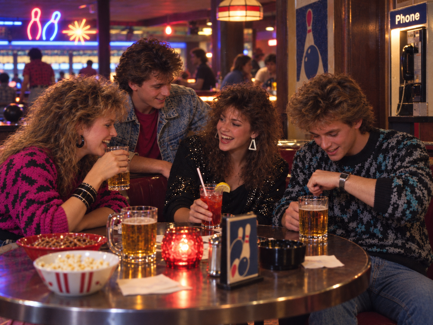 Four young people laughing and drinking in a bowling alley booth.