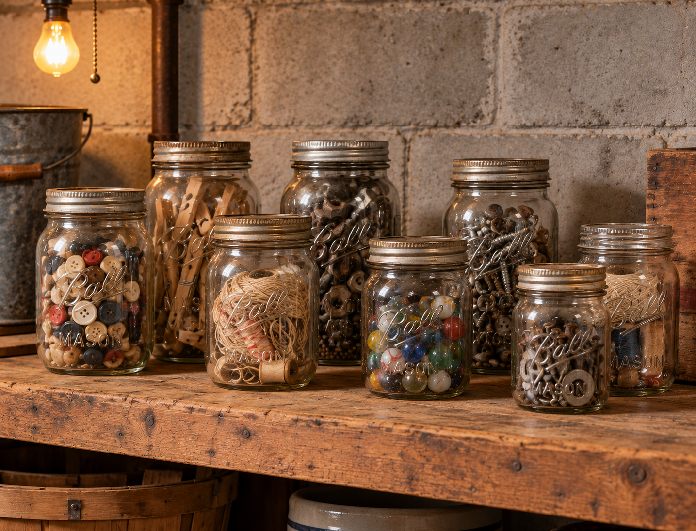 Seven glass mason jars filled with assorted items—including buttons, twine, marbles, and hardware—arranged on a wooden shelf against a concrete block wall.