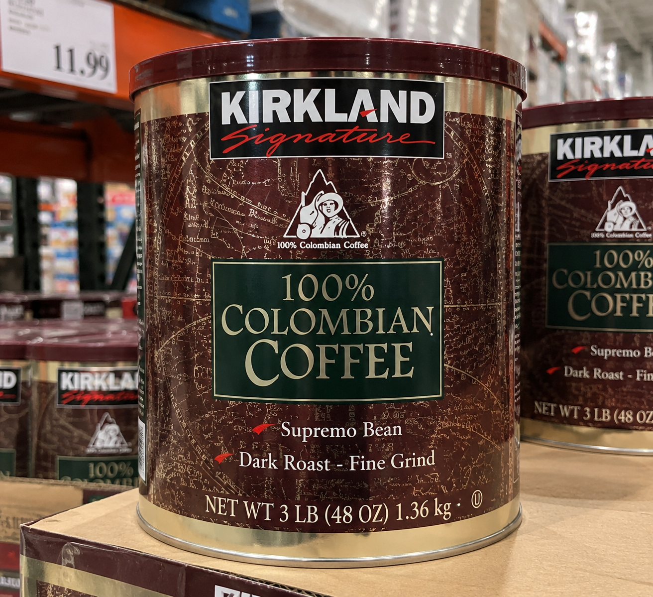 A 3-pound can of Kirkland Signature 100% Colombian Coffee, Dark Roast, Fine Grind.