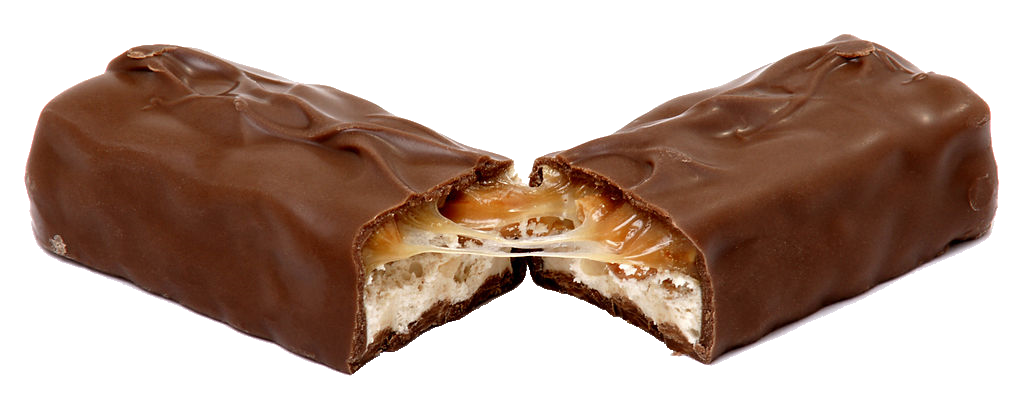 A chocolate candy bar broken in two, with strands of stretched caramel connecting the nougat and caramel layers.