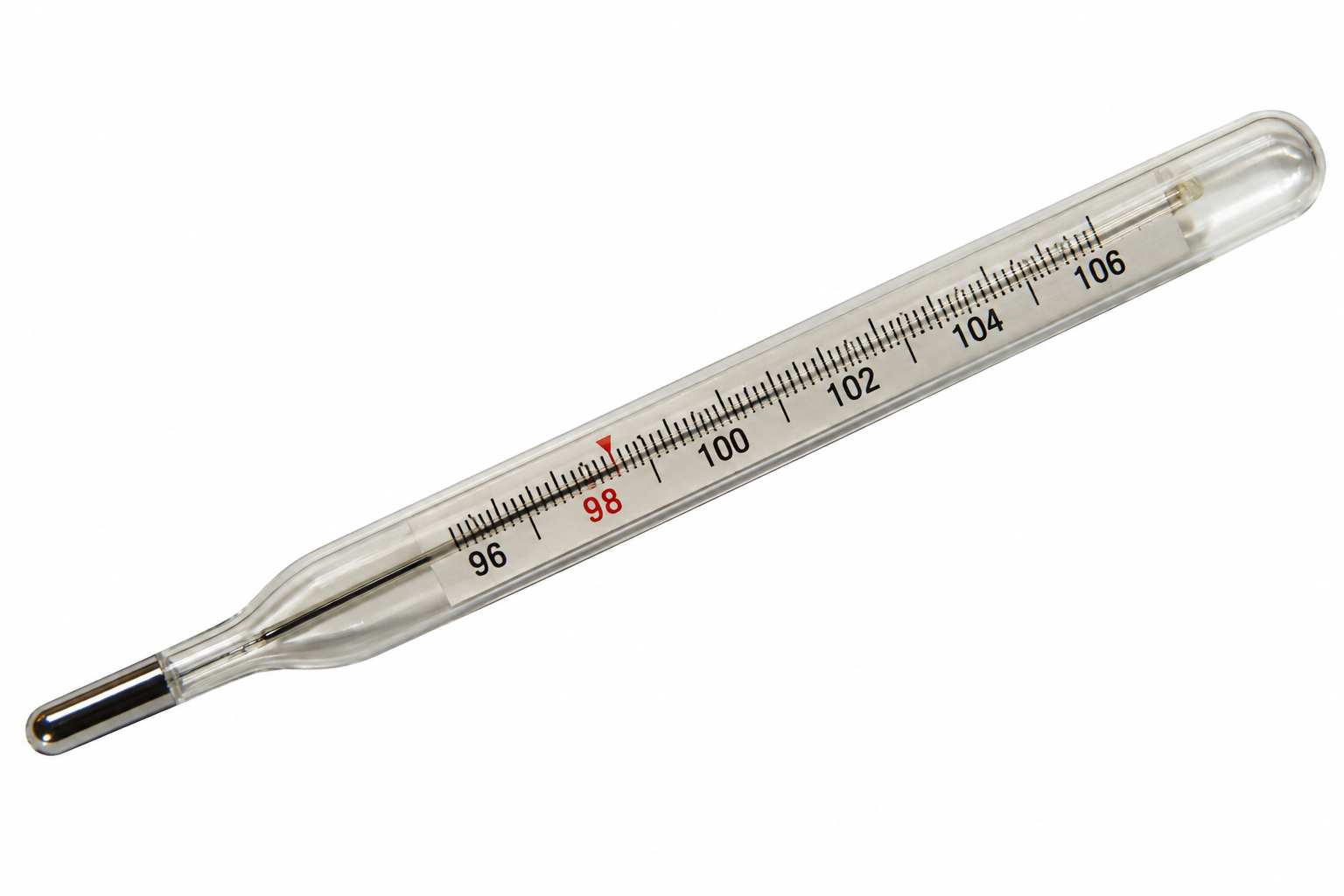 A glass clinical thermometer with a Fahrenheit scale.