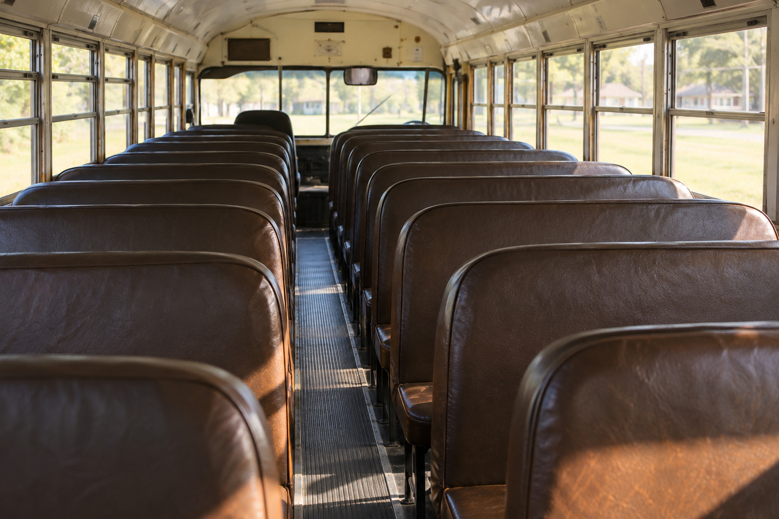 The interior of an empty school bus looking down the center aisle toward the front, featuring rows of brown vinyl seats on either side.