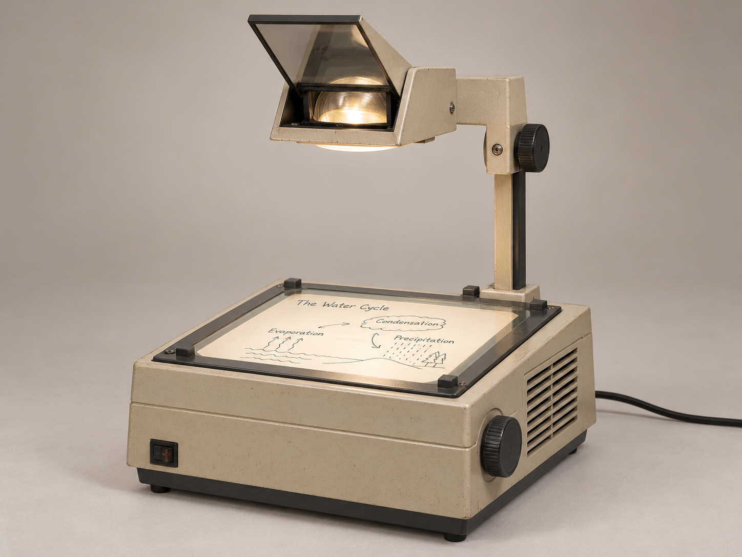 An overhead projector displays a handwritten diagram of the water cycle on its illuminated glass surface.