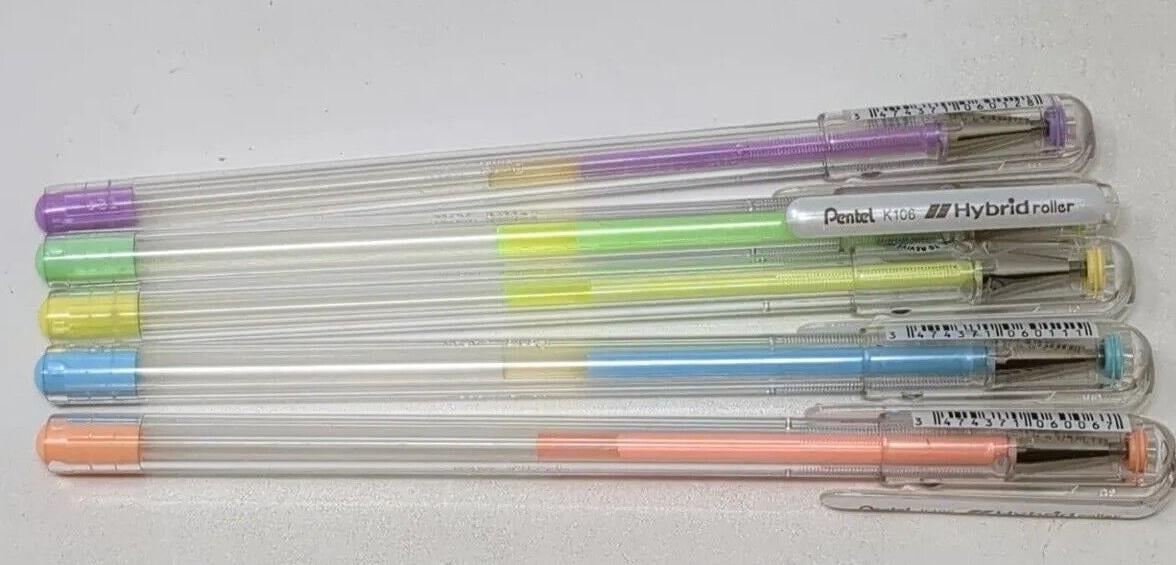 Five Pentel Hybrid roller pens in purple, green, yellow, blue, and orange with clear barrels and matching caps.