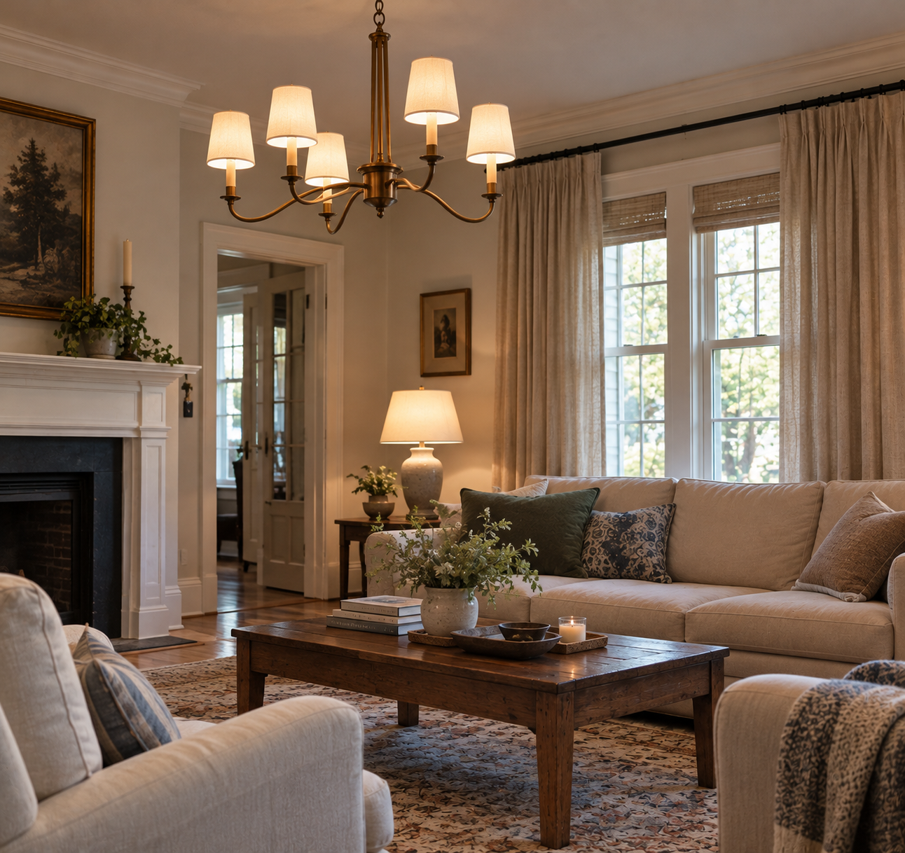 A cozy living room with a neutral-toned sofa, a dark wood coffee table, and a brass chandelier hanging above.