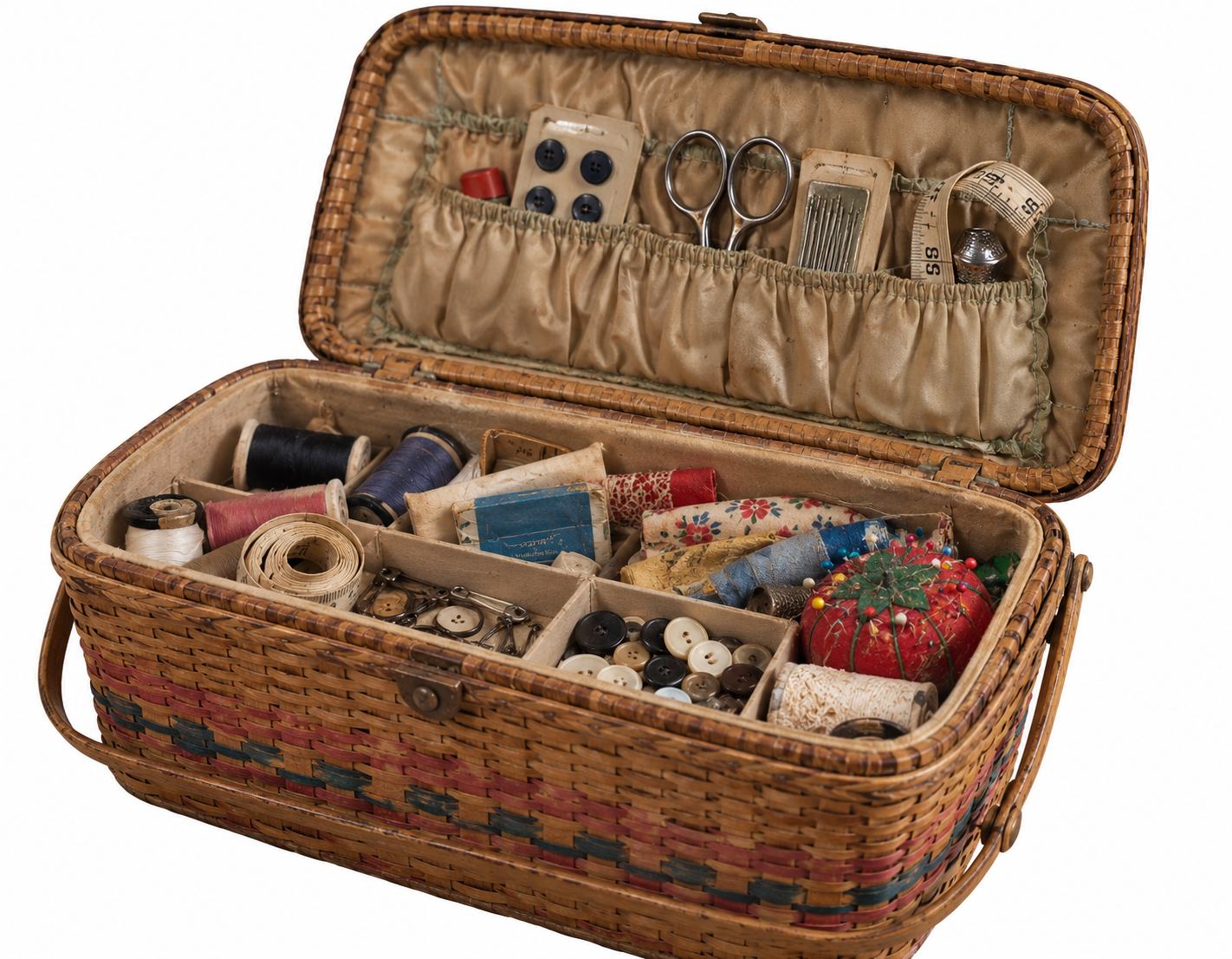 An open wicker sewing basket filled with assorted spools of thread, buttons, needles, a tomato pincushion, and a tape measure.