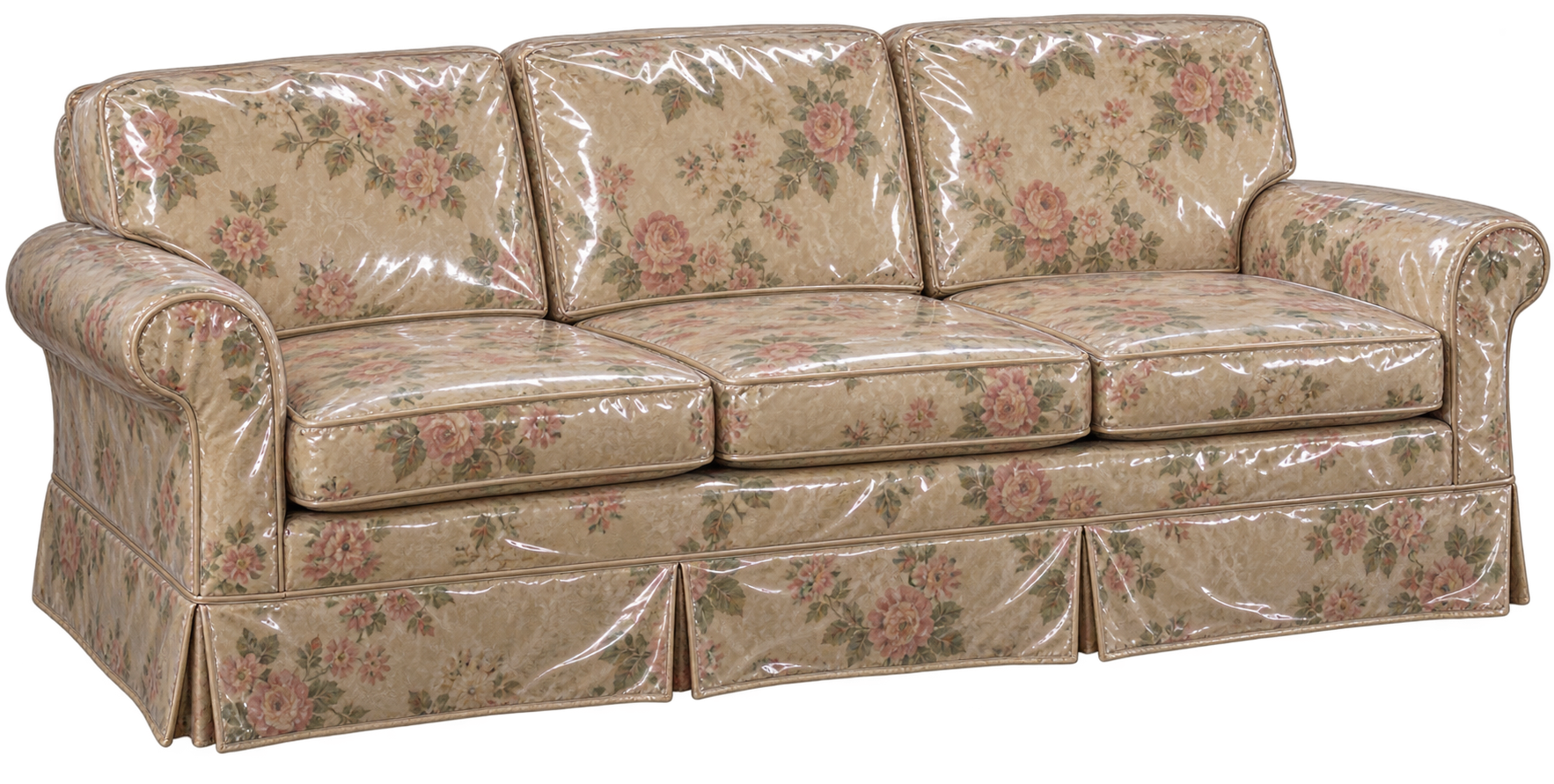 A three-seat sofa covered in a floral print fabric and protected by a clear plastic cover.
