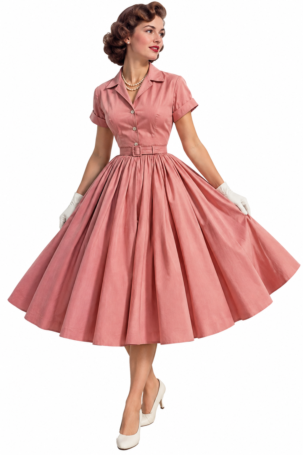 A woman wearing a 1950s-style pink tea-length dress, a pearl necklace, and white gloves, holding out the skirt.