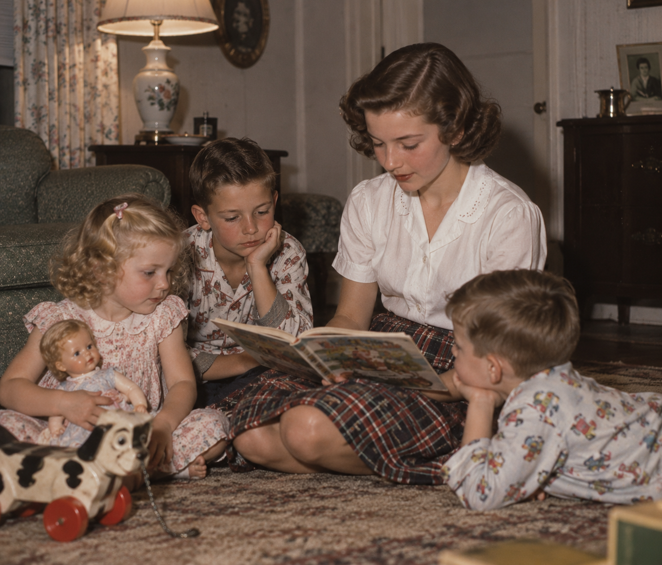 A young woman reading a book to three children sitting on a living room floor.