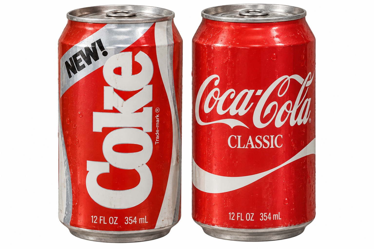 Two 12-ounce Coca-Cola cans: one labeled “New Coke” with a diagonal stripe, and one labeled “Coca-Cola Classic.”