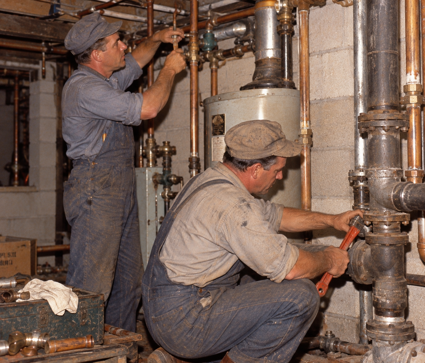 Two workers in denim overalls and caps repairing copper and iron pipes in a basement.