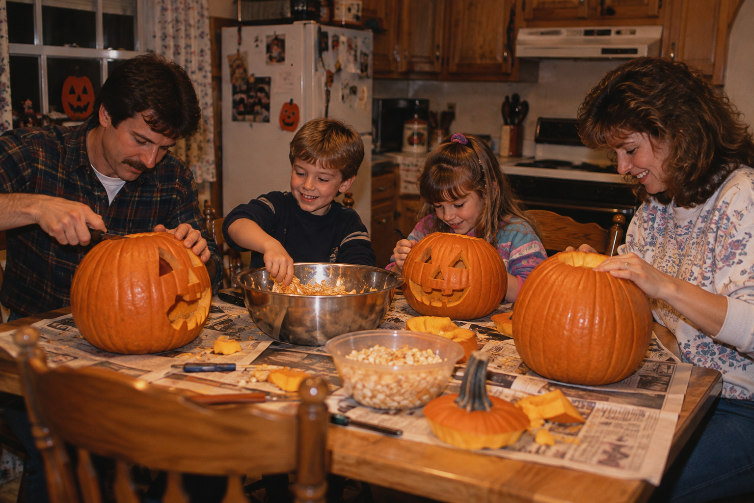 A family of four carves pumpkins together at a kitchen table covered in newspaper.