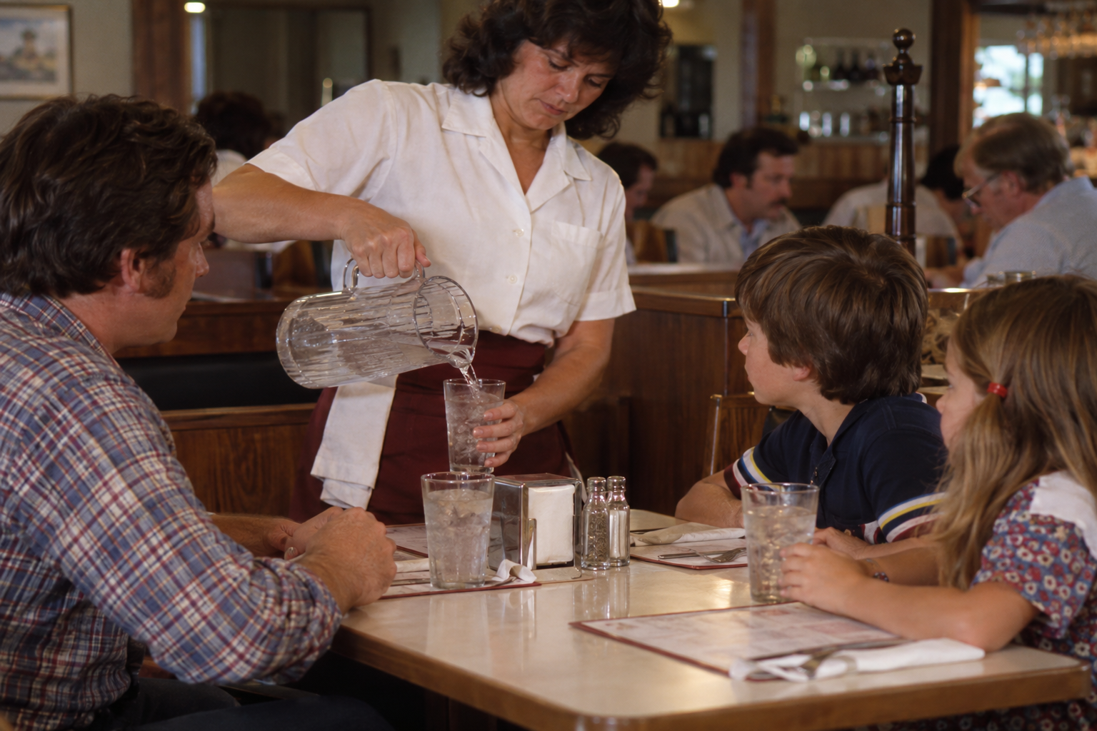 A server in a white uniform pours water into a glass for a family seated at a restaurant booth.