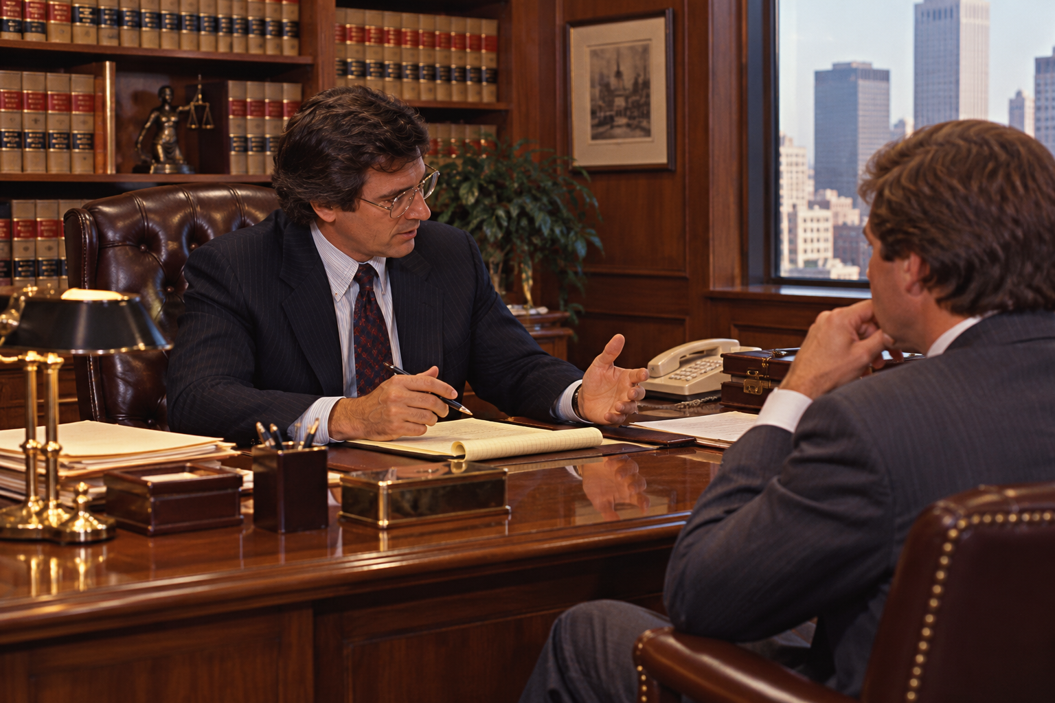 Two men in suits sitting across from each other at a desk in a wood-paneled office.