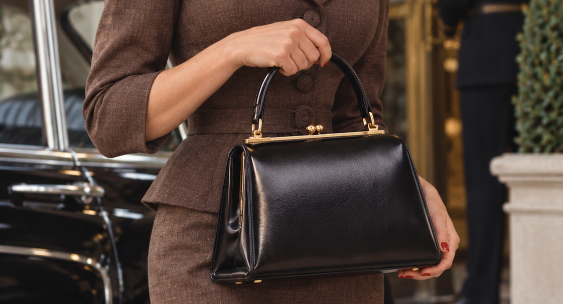 A person in a brown suit holds a black top-handle handbag with a gold frame closure.