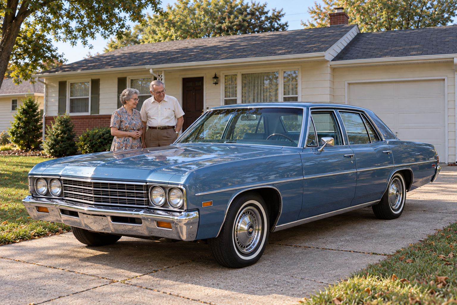 An older couple stands in a driveway beside a vintage blue sedan in front of a suburban house.