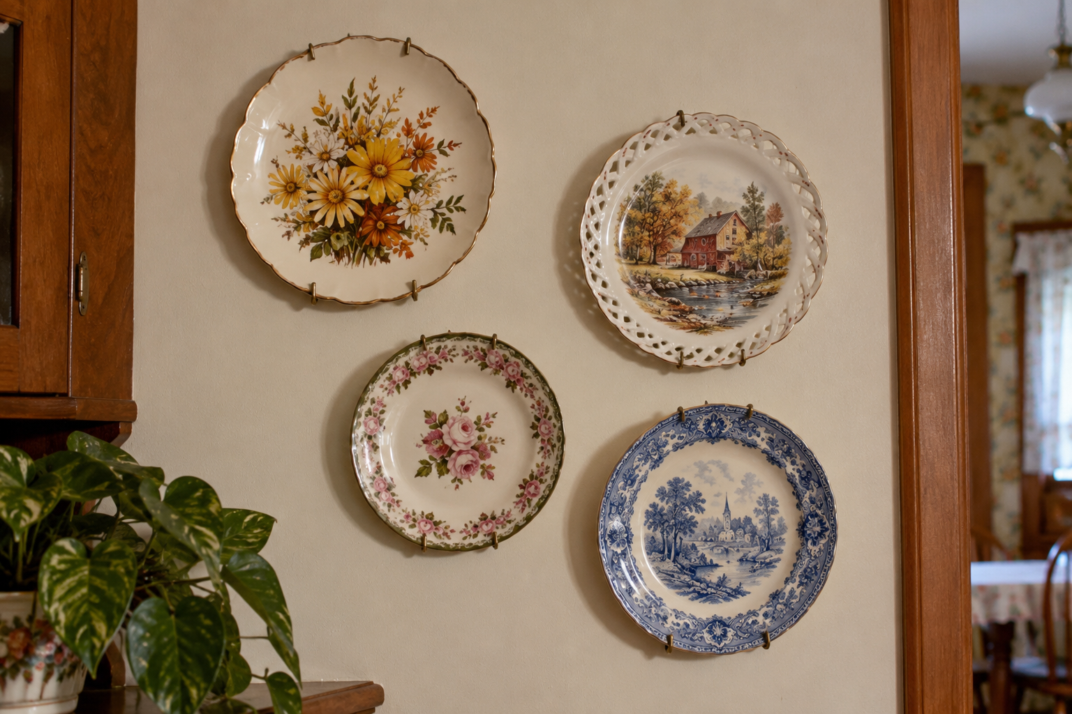 Four decorative ceramic plates hung on a wall, featuring floral patterns, a rural landscape, and a blue-and-white scene of a church.