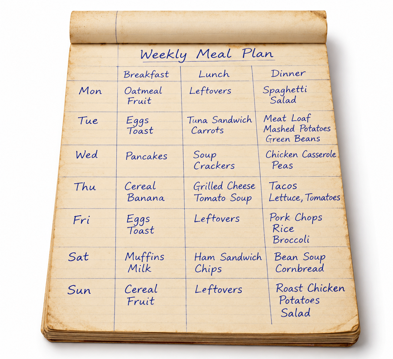 A handwritten weekly meal plan chart on a notepad, listing breakfast, lunch, and dinner options for each day of the week.