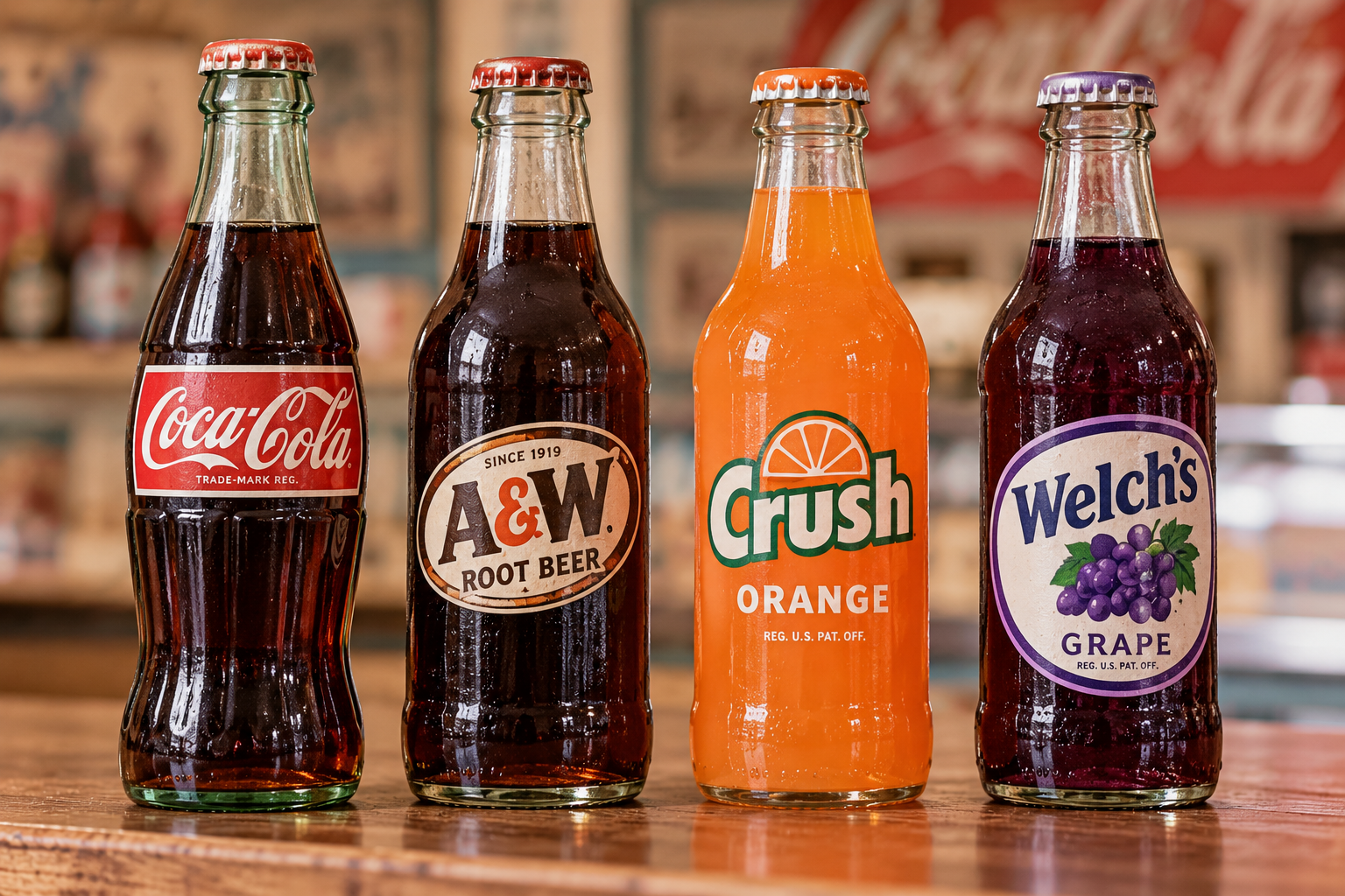 Four glass soda bottles on a wooden surface: Coca-Cola, A&W Root Beer, Crush Orange, and Welch’s Grape, with a retro diner setting blurred in the background.