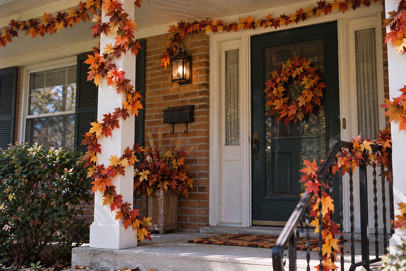A front porch decorated for autumn with maple leaf garlands on the pillars and railing, and a matching fall wreath on the dark green front door.